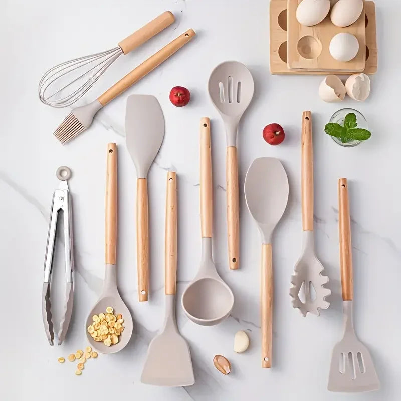 12pcs Set of Multi-color Silicone Wooden Handle Kitchenware Set