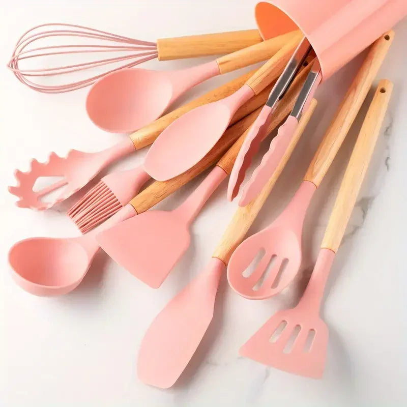 12pcs Set of Multi-color Silicone Wooden Handle Kitchenware Set
