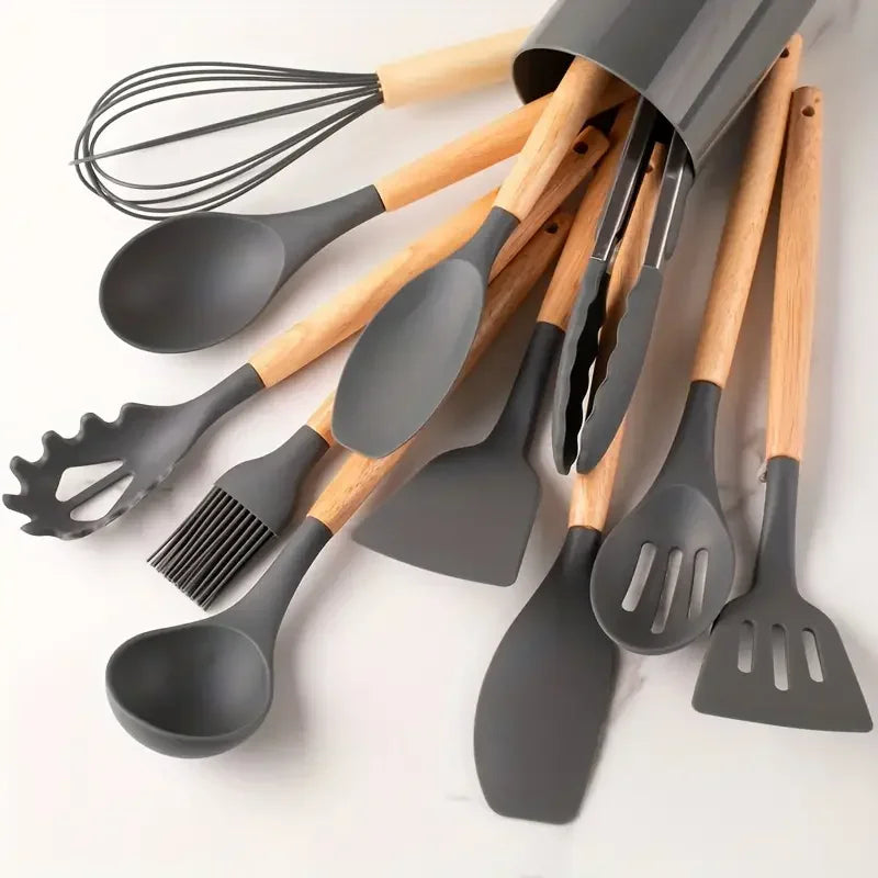 12pcs Set of Multi-color Silicone Wooden Handle Kitchenware Set